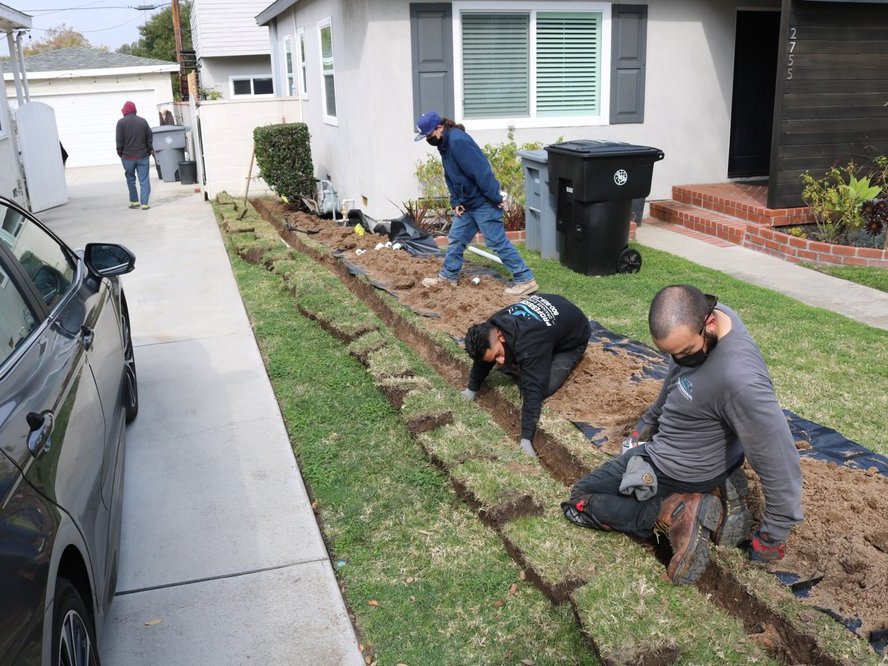 Crew cutting back sod and laying fabric to install drainage along a front lawn